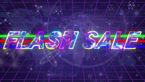 Animation-Eines-Flash-Sale-Textbanners-über-Molekülstrukturen-Und-Einer-Weltkarte-Vor-Blauem-Hintergrund