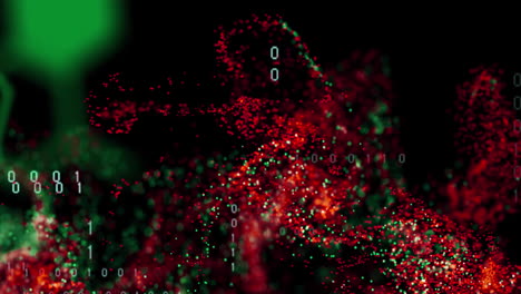 Animation-of-red-and-green-digital-wave-floating-over-binary-coding-against-black-background
