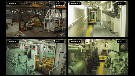 Four-security-camera-views-of-industrial-warehouse-and-factory-interiors-and-machinery,-slow-motion