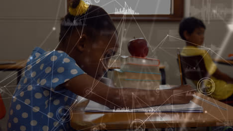 Animation-of-network-of-connections-over-african-american-girl-studying-in-the-class-at-school
