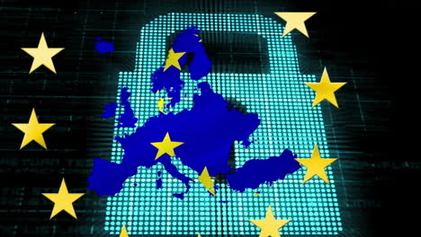 Animation-Der-Blauen-Europakarte-Und-Der-Gelben-Sterne-Der-EU-Flagge-Auf-Schwarzem-Hintergrund