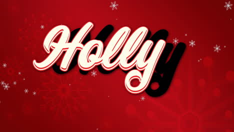 Animation-of-snowflakes-over-holly-text-banner-against-red-background