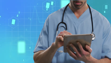 Animation-of-medical-icons-and-caucasian-male-doctor-using-tablet-on-blue-background