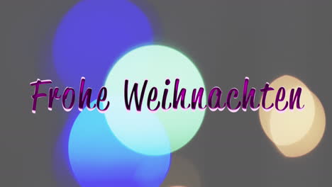 Animation-of-frohe-weihnachten-text-over-multi-coloured-spots-of-light-background