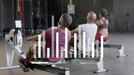 Animation-of-data-on-graph-over-diverse-woman-and-men-training-on-rowing-machines-at-gym