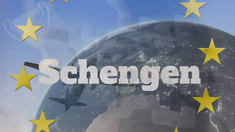 Animation-of-globe-and-schengen-text-over-ue-flag