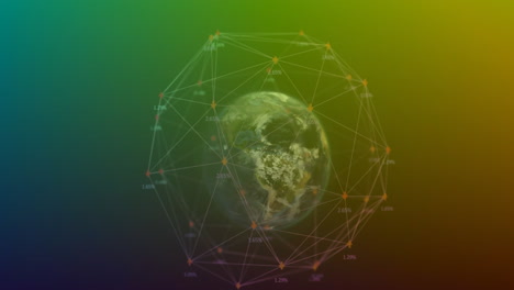 Animation-Eines-Netzwerks-Von-Verbindungen-über-Einem-Sich-Drehenden-Globus-Vor-Einem-Grünen-Hintergrund-Mit-Farbverlauf