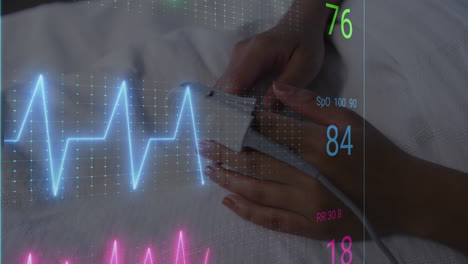 Animation-of-heartrate-monitor-of-hands-of-caucasian-female-patient-with-oximeter-on-finger