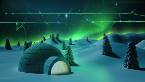 Blue-christmas-string-lights-flashing-over-winter-scene-with-igloo-and-northern-lights