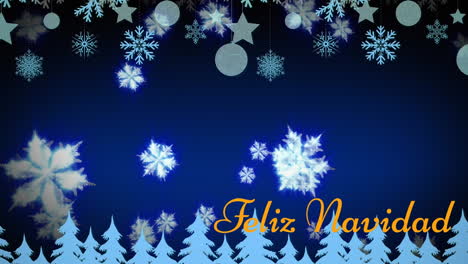 Animation-Eines-Feliz-Navidad-Textbanners-Und-Leuchtender-Schneeflocken,-Die-Vor-Blauem-Hintergrund-Schweben