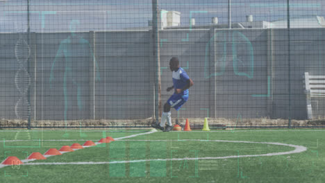 Animation-of-interface-processing-data-over-biracial-male-footballer-training-running-on-pitch
