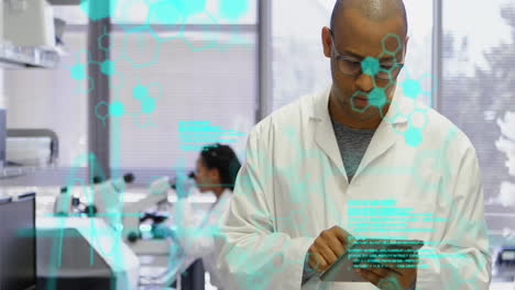 Animation-of-medical-data-processing-over-biracial-male-scientist-using-digital-tablet-at-laboratory