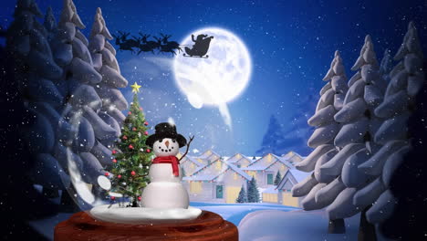 Animation-of-snow-falling-over-snowman-and-christmas-tree-in-snow-globe-on-winter-landscape