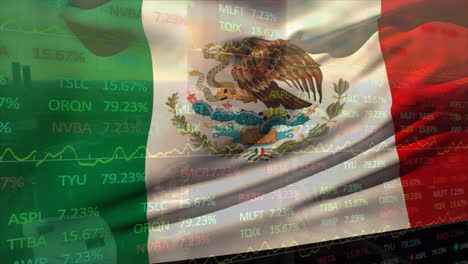Animation-of-flag-of-mexico-and-stock-market-over-cityscape