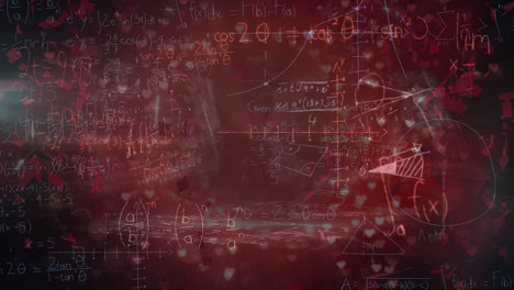 Animation-of-mathematical-equations-over-heart-on-red-background