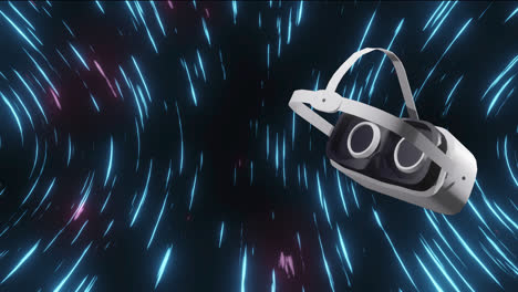 Animation-of-vr-headset-over-glowing-light-trails-on-black-background
