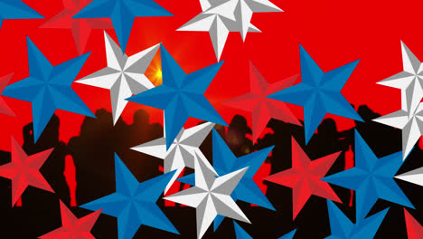 Animation-Der-Sterne-Der-Vereinigten-Staaten-Von-Amerika-über-Tanzenden-Menschen-Auf-Rotem-Hintergrund