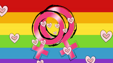 Animation-of-heart-icons-and-female-symbols-over-rainbow-background