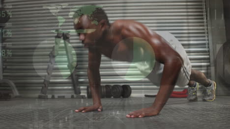 Animation-of-statistical-data-processing-over-african-american-fit-man-performing-push-ups-at-gym