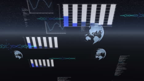 Animation-of-financial-data-processing-with-globes-on-black-background