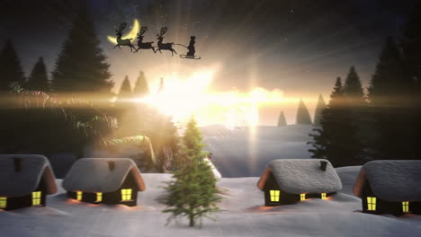 Animación-De-Pancarta-De-Texto-De-Felices-Fiestas-Contra-El-árbol-De-Navidad-En-El-Paisaje-Invernal-Y-El-Cielo-Nocturno