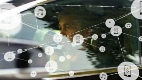 Animation-of-network-of-connections-over-caucasian-man-using-smartphone-in-car