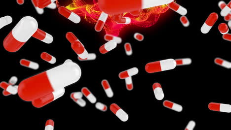 Animation-of-medical-pills-falling-against-red-and-yellow-digital-waves-against-black-background