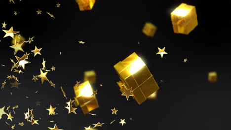 Animation-Von-Sternen-über-Weihnachtsgeschenken-Auf-Schwarzem-Hintergrund