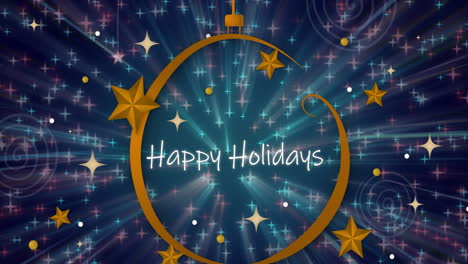 Animation-of-happy-holidays-text-banner-over-hanging-decoration-against-glowing-light-trails