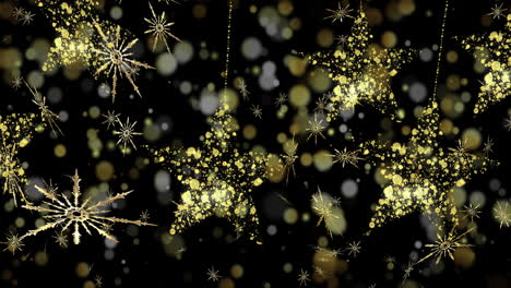 Schwingende-Goldene-Weihnachtssterne-Mit-Schneeflocken-über-Lichtflecken-Auf-Schwarzem-Hintergrund