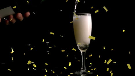 Animation-of-golden-confetti-falling-over-champagne-pouring-in-a-glass-against-black-background