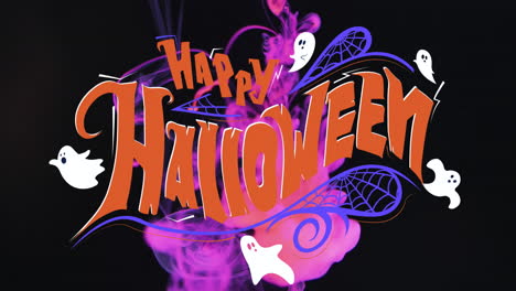Animation-of-happy-halloween-text-and-ghosts-over-pink-and-black-background
