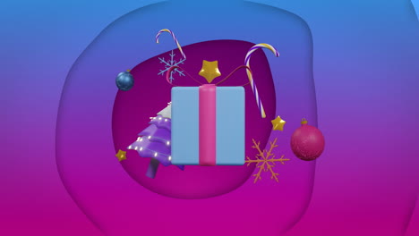 Floating-christmas-tree,-gifts-and-baubles-on-blue-and-purple-background