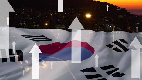 Animation-Von-Weißen-Pfeilen-Und-Der-Flagge-Südkoreas-über-Der-Stadt