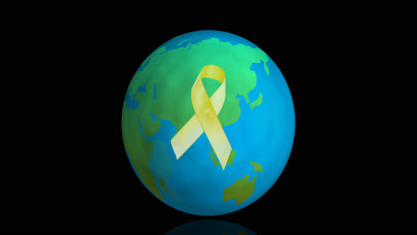 Animation-of-yellow-ribbon-over-globe-on-black-background