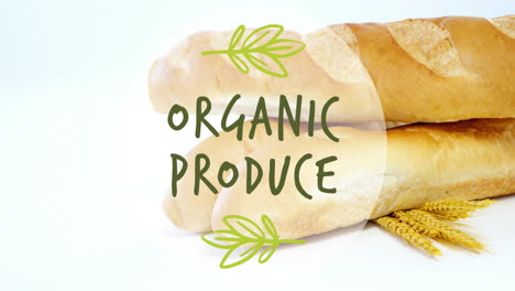 Animation-of-organic-produce-text-banner-against-close-up-of-fresh-bread-and-wheat-ears