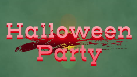 Animation-Eines-Halloween-Partytextes-über-Einem-Blutfleck-Vor-Lichtpunkten-Auf-Grünem-Hintergrund