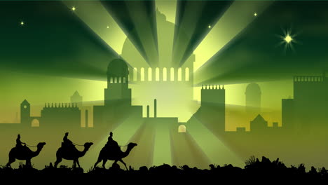 Animation-of-silhouette-of-three-wise-men-over-city-and-green-shooting-star-on-green-background