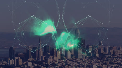 Animation-of-globe-of-network-of-connections-and-green-light-spots-against-aerial-view-of-cityscape