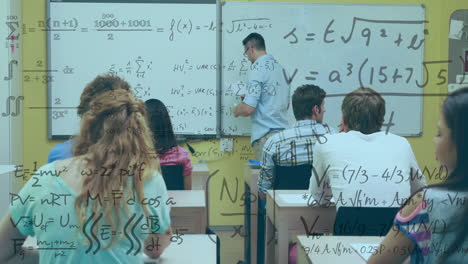 Animation-of-mathematical-equations-against-caucasian-male-professor-teaching-students-at-college
