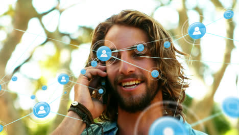 Animation-of-connections-over-happy-caucasian-man-having-phone-call
