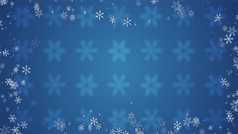 Animation-Von-Rosa-Schneeflocken,-Die-Sich-Auf-Einem-Schneeflockenmuster-Auf-Blauem-Hintergrund-Drehen
