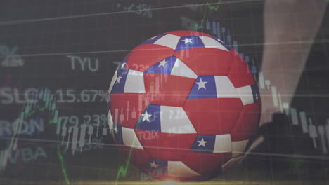 Animation-of-graph-processing-data-over-legs-of-footballer-kicking-ball-with-flag-of-puerto-rico