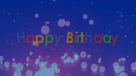 Animation-of-confetti-falling-and-light-spots-over-happy-birthday-text-on-blue-background