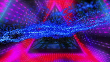 Animation-Leuchtend-Blauer-Partikel-über-Neonformen