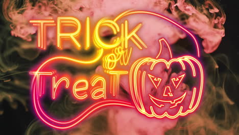 Animation-of-trick-or-treat-text-and-pumpkin-over-pink-smoke-background