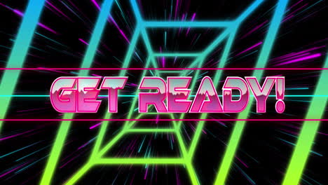 Animation-of-get-ready-text-banner-against-neon-gradient-tunnel-and-light-trails-in-seamless-pattern