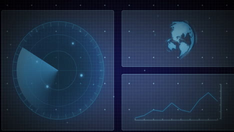 Animation-Der-Schnittstelle-Mit-Rundem-Scanner,-Sich-Drehendem-Globus-Und-Datenverarbeitung-Auf-Blauem-Hintergrund
