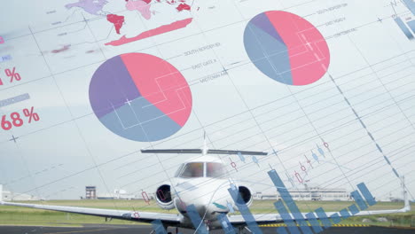 Animation-of-multicolored-infographic-interface-over-parked-airplane-at-airport