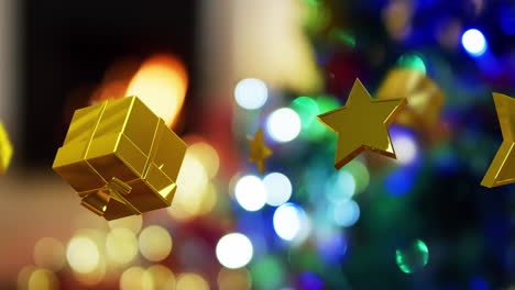 Goldene-Sterne-Und-Geschenke-Schweben-über-Bokeh-Feuer-Im-Kamin-Und-Weihnachtsbeleuchtung-Am-Baum